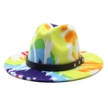 Detail of colorful graffiti fedora hat with black leather band and silver studs - M (56-58cm) / Yellow and Purple Artistic Spray Painting Style (05)