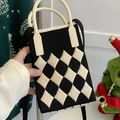 Knitted tote bag with black and white rhombus pattern and beige handle details - Black Argyle