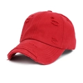 Detailed side view of a distressed red cotton baseball cap with vintage frayed holes - Burgundy