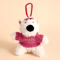White plush bear keychain wearing pink knit sweater with pink metal carabiner clip - Rose Pattern Westie Plush