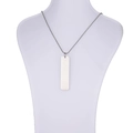 Close-up of polished stainless steel rectangle tag pendant on a silver ball chain - Steel