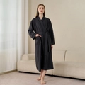 Dark grey waffle weave long sleeve bathrobe for couples with waist tie and side pocket - M / Dark Cyan Grey [Women]