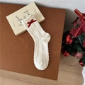 White cable knit cotton socks with red velvet bow for Christmas festive gift - One Size / Velvet Bowknot