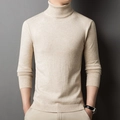 Slim fit beige turtleneck sweater for men in high-elasticity ribbed knit long sleeve - M / Beige