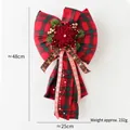 Large red and green plaid Christmas bow decoration with gold berries and reindeer ribbons - Large Gingham Snowflake Bow C (25x48cm)