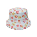 Detail of child sun hat featuring ladybug floral prints and fine green check pattern - White Base Ladybug Floral Cartoon Print (D)