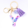 Detail of resin letter Y keychain with colorful crushed stones and purple tassel - Letter Y