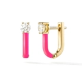 Detailed side view of U-shaped gold earrings with pink enamel and sparkling zircon - Rose Red