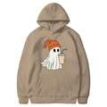 Khaki hooded sweatshirt featuring a cute white ghost graphic with an orange beanie - Camel