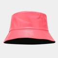 Detail of bright pink faux leather bucket hat showing parallel brim stitching and black lining - Watermelon red