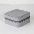 Detailed view of light gray square jewelry storage box with zipper and fabric texture - Light Grey Crinkle Texture / 10*10*5cm