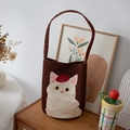 Brown canvas bucket bag with cute cartoon white cat and red checkered handle strap - Small White Cat
