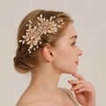 Elegante set di fermagli per capelli da sposa con fiori dorati, foglie e brillantini - 1# Pettine per Capelli Oro