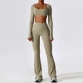 Two-piece yoga set with long sleeve square neck crop top and high waist flared pants in olive - S / Long Sleeve + Flare Pants / Camel Brown