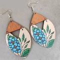 Bohemian wooden leaf earrings with painted blue flowers and green leaves on wood - Blue Floral Style