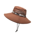 Detail of outdoor sun hat featuring wide brim stitching and mesh ventilation windows - Coffee