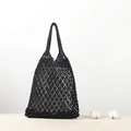 Handmade black woven cotton rope bucket bag with hollow design and rustic pastoral style - Standard Type / Black