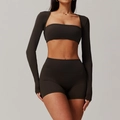 Three-piece dark coffee yoga set including a cropped long-sleeve top, bra, and high-waist shorts - S / Top And Bottom / Black Coffee
