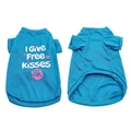 Detailed flat lay of blue dog T-shirt with I Give Free Kisses print on white background - Blue
