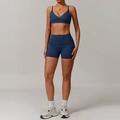 Women's deep blue high-stretch yoga set with V-neck sports bra and high-waist shorts - 8998 Bra + 8998 Shorts Twilight Blue