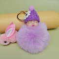 Cute purple plush doll keychain with knitted hat, fur ball, and gold metal keyring - Light Purple