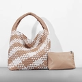 Two-tone woven bucket bag in white and tan leather with matching inner pouch - Apricot and White