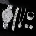 Close-up of sparkling silver watch and jewelry set with crystals on black background - Silver Luxury 5-Piece Set / Silver