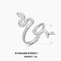 Adjustable snake-shaped stainless steel ring in silver finish with scale texture - Adjustable Open / Steel Ring
