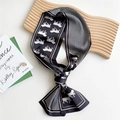 Narrow silk scarf with black and white horse print and orange border detail - Horse Ripple Patchwork Black