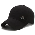 Classic black baseball cap for middle-aged men with white printed text and metal logo - Adjustable / Black