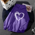 Unisex purple fleece hoodie with large white heart print and adjustable drawstring - S / Top (54) / Purple