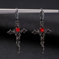 Detail view of Gothic thorn cross earrings with a red heart gem and dark gunmetal finish - Gun Black Cross Red Heart Rose (WG-0836)