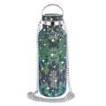Glittering gradient rhinestone thermos with metal chain in blue and green crystals - Green Python Camo / 350ml (12oz) With Aluminum Chain