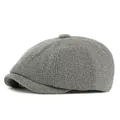 Retro dark grey newsboy cap in textured wool blend fabric with classic stitched panels - Adjustable / Gray