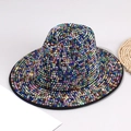 Sparkling iridescent rhinestone wide-brim fedora hat for parties in metallic rainbow finish - M (56-58cm) / Multi-Color Rhinestone
