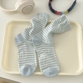 Blue and white striped cotton crew socks with printed logo on cream background - One Size / Light Blue