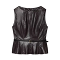 Women's dark brown faux leather sleeveless top with ruffled hem and slim belted waist - XS / Tops