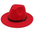 Detailed close-up of a vibrant red fedora hat featuring a thin black leather belt buckle - M (56-58cm) / Red
