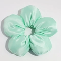 Macro shot of mint green oversized satin flower scrunchie with silky smooth texture - Light Green (Approx. 18cm)