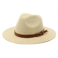 Classic beige woven straw fedora hat with brown suede band and tassel for beach sun protection - M (56-58cm) / Beige