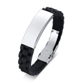 Pulsera ID ajustable de silicona negra y acero inoxidable con placa pulida para grabar - Estilo Liso Color Acero
