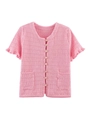Detailansicht der rosa Strickjacke mit goldenen Knöpfen und Rüschen an den Ärmeln - S / Rosa Oberteil