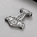 Viking Thor Hammer pendant featuring double wolf heads and Vegvisir compass engraving - Silver Style (KP130639-TLX)