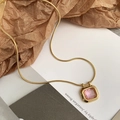 Gold snake chain necklace with a square pink crystal pendant in a classic bezel setting - Pink