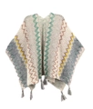 Beige knitted retro poncho with colorful zigzag patterns and tassel fringe details - Cardigans / White Grey Blue