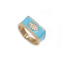 Adjustable gold ring with blue enamel rectangle and pavé zircon eye center on white background - Adjustable Open / Rectangular Blue