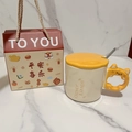 Cute ceramic cat mug gift set with yellow lid and spoon in a festive red gift box - Small Gift Box / Orange