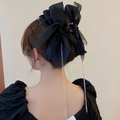 Détail d'une pince à cheveux à nœud noir avec de longs glands métalliques fins - Grand Nœud Noir Avec Pince à Cheveux à Long Gland en Métal Délicat (7#)