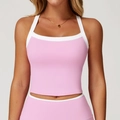 Débardeur de yoga rose ajusté avec bordure blanche contrastée et design dos nu élégant - Rose Sakura
