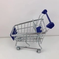 Side view of mini silver metal shopping cart toy with dark blue plastic details - Dark Blue